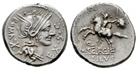 Sergius. M. Sergius Silus. Denarius. 116-115 BC. Norte de Italia. (Ffc-1111). (Craw-286/1). (Cal-1271). Anv.: Head of Roma right, EX. S.C. before, ROM...