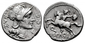 Sergius. M. Sergius Silus. Denarius. 116-115 BC. Norte de Italia. (Ffc-1111). (Craw-286/1). (Cal-1271). Anv.: Head of Roma right, EX. S.C. before, ROM...