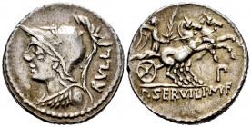 Servilius. P. Servilius M.f. Rullus. Denarius. 100 BC. Norte de Italia. (Ffc-1118). (Craw-328/1). (Cal-1277). Anv.: Bust of Minerva Ieft, wearing cres...