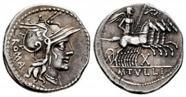 Tullius. M. Tullius. Denarius. 120 BC. Rome. (Ffc-1162). (Craw-280/1). (Cal-1317). Anv.: Head of Roma right, ROMA behind. Rev.: Victory in quadriga ri...