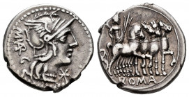 Vargunteius. Marcus Vargunteius. Denarius. 130 BC. Rome. (Ffc-1183). (Craw-257/1). (Cal-1339). Anv.: Head of Roma right, M. VARG., (VAR interlace) beh...