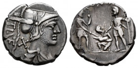 Veturius. Ti. Veturius. Denarius. 137 BC. Central Italy. (Ffc-1186). (Craw-234/1). (Cal-1344). Anv.: Draped bust of Mars right, X and TI. VET., (VET i...
