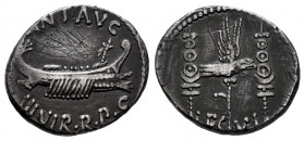 Mark Antony. Denarius. 32-31 BC. Mint moving. (Ffc-37). (Craw-544/19). (Cal-184). Anv.: ANT. AVG. III. VIR. R.P.C. praetorian galley right. Rev.: LEG....