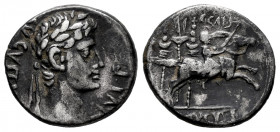 Augustus. Denarius. 8 BC. Lugdunum. (Ffc-21). (Ric-199). (Cal-849). Anv.: AVGVSTVS DIVI. F laureate head of Augustus right. Rev.: C. CAES, above Caius...