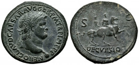 Nero. Sestertius. 64 AD. Rome. (Ric-168). Anv.: NERO CLAVD CAESAR AVG GER P M TR P IMP P P, laureate bust right. Rev.: Nero, bareheaded, cuirassed and...