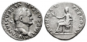 Vespasian. Denarius. 75 AD. Rome. (Spink-2301). (Ric-90). (Seaby-366). Rev.: PON MAX TR P COS VI, Pax seated to left holding branch. Ag. 3,44 g. VF. E...