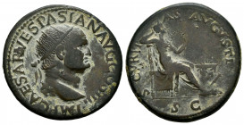 Vespasian. Dupondius. 72 AD. Lugdunum. (Ric-II 1, 1197). (Bmcre-819). Anv.: IMP CAESAR VESPASIAN AVG COS IIII, radiate head to right, globe at point o...