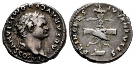 Domitian. Denarius. 79 AD. Rome. (Spink-2643). (Ric-V246). (Seaby-393). Rev.: PRINCEPS IVVENTVTIS, clasped hands before legionary eagle. Ag. 3,43 g. V...