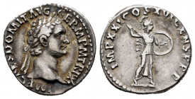 Domitian. Denarius. 90 AD. Rome. (Ric-169). (Seaby-271). Rev.: IMP XXII COS XVI CENS P P P. Minerva standing right with apear and shield. Ag. 3,58 g. ...