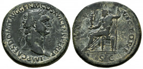 Domitian. Sestertius. 95-96 AD. Rome. (Ric-751). (Bmcre-464). (Ch-315). Anv.: IMP CAES DOMIT AVG GERM COS XVI CENS PER P P, laureate head right. Rev.:...