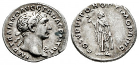 Trajan. Denarius. 103-111 AD. Rome. (Ric-127). (Rsc-84). Rev.: COS V P P SPQR OPTIMO PRINC, Spes walking left holding flower and raising hem of robe. ...
