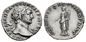 Trajan. Denarius. 103-111 AD. Rome. (Ric-Unlisted). (Rsc-83c). Rev.: COS V P P S P Q R OPTIMO PRINC, Pax standing facing, head to left, holding olive ...