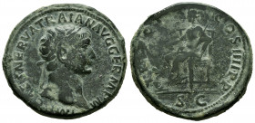 Trajan. Sestertius. 101-102 AD. Rome. (Ric-432). Rev.: TR POT COS IIII P P, Pax seated to left, holding olive branch and sceptre; SC in exergue. Ae. 2...