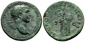Trajan. Sestertius. 103-111 AD. Rome. (Ric-527). (Ch-452). (Bmcre-812). Anv.: IMP CAES NERVAE TRAIANO AVG GER DAC P M TR P COS V P P, laureate bust to...