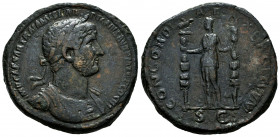 Hadrian. Sestertius. 119-121 AD. Rome. (Ric-581d). Anv.: IMP CAESAR TRAIANVS HADRIANVS AVG P M TR COS III, laureate head right. Rev.: CONCORDIA EXERCI...