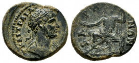 Hadrian. AE 20. 117-138 AD. Pisidia. Baris. (Sng France-1389). Anv.: Heroic bust right, slight drapery on far shoulder . Rev.: Zeus seated left, holdi...