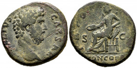 Aelius. Unit. 137 AD. Rome. (Ric-1070 Hadrian). Anv.: (L AE)LIVS CAESAR, bare head right. Rev.: TR PO(T COS II), Concordia seated left, holding patera...