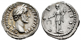 Antoninus Pius. Denarius. 140-143 AD. Rome. (Ric-127). (Seaby-228). Rev.: COS IIII, Aequitas standing left, holding scales and sceptre. Ag. 3,25 g. Ch...