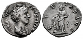 Faustina Senior. Denarius. 147 AD. Rome. (Spink-4598). (Ric-394a). (Seaby-234). Rev.: PIETAS AVG. Pietas standing left, dropping incense on lighted an...