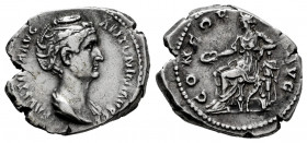 Faustina Senior. Denarius. 147 AD. Rome. (Ric-398). (Seaby-148a). Rev.: CONCORDIA AVG. Concordia seated left, holding patera, resting left arm on figu...