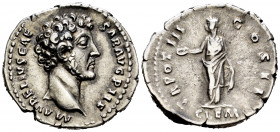 Marcus Aurelius. Denarius. 148-149 AD. Rome. (Spink-4781). (Ric-448d). (Seaby-16). Rev.: TR POT III COS II, Clementia standing facing, head left, hold...