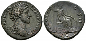 Marcus Aurelius. Sestertius. 153-154 AD. Rome. (Ric-1315). Rev.: TR POT VIIII COS II / SC. Minerva seated right holding spear, left hand on shield. Ae...