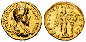 Lucius Verus. Aureus. 165 AD. Rome. (Ric M. Aurelius-562). (Cal-2188). (Ch-276). Anv.: L VERVS AVG ARM – PARTH MAX. Draped and laureate bust right. Re...