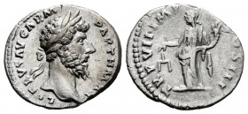 Lucius Verus. Denarius. 161-169 AD. Rome. (Ric-576). Rev.: TR P VII IMP IIII COS III. Aequitas standing left, holding scales and cornucopia. Ag. 2,81 ...