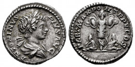 Caracalla. Denarius. 202 AD. Rome. (Spink-6854). (Ric-65). (Seaby-179a). Rev.: PART MAX PON TR P IIII, two captives, with hands bound behind them, sea...