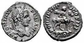 Caracalla. Denarius. 208 AD. Rome. (Spink-6874). (Ric-107). (Seaby-511). Rev.: PONTIF TR P XI COS III / PROF. Caracalla on horseback right, holding sp...