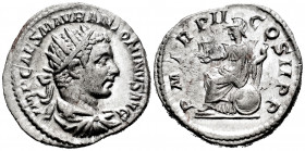 Elagabalus. Antoninianus. 219 AD. Rome. (Spink-Unlisted). (Ric-12). (Seaby-138). Rev.: P M TR P II COS II P P. Roma seated left holding Victory and sp...