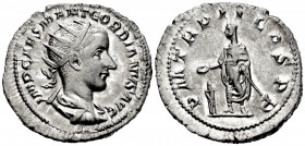 Gordian III. Antoniniano. 239 AD. Rome. (Spink-8637). (Ric-37). (Seaby-210). Rev.: P M TR P II COS P P. Gordian III standing with patera on altar and ...