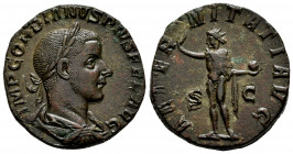 Gordian III. Sestertius. 240 AD. Rome. (Ric-297a). Anv.: IMP GORDIANVS PIVS FEL AVG. Laureate, draped and cuirassed bust right. Rev.: AETERNITATI AVG....