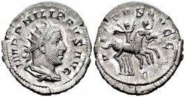 Philip I. Antoninianus. 248 AD. Rome. (Spink-8976). (Ric-10). (Seaby-241). Rev.: VIRTVS AVGG. Philip I and II riding right; Є in exergue. Ag. 4,47 g. ...