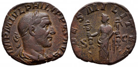Philip I. Sestertius. 244-245 AD. Rome. (Spink-8994). (Ric-172a). Rev.: (FI)DES MILITVM / SC. Ae. 11,40 g. VF/Almost VF. Est...100,00. 

Spanish Des...