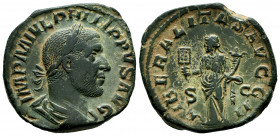 Philip I. Sestertius. 244 AD. Rome. (Spink-8999). (Ric-180a). Anv.: IMP M IVL PHILIPPVS AVG, laureate, draped and cuirassed bust right. Rev.: LIBERALI...