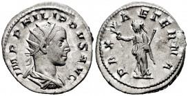 Philip II. Antoninianus. 247 AD. Rome. (Spink-9266). (Ric-231c). (Seaby-23). Rev.: PAX AETERNA. Pax standing with scepter and branch. Ag. 3,62 g. Almo...