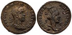 Philip II. Seleucis and Pieria. AE 8 Assaria. 247-248 AD. Antioch. (Bmc-566). (McAlee-1073). Rev.: ANTIOXEΩN MHTPO KOΛΩN, Δ-E S-C. Tyche bust to right...