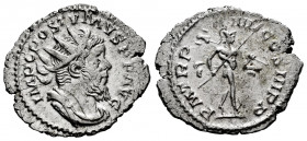 Postumus. Denarius. 263 AD. Cologne. (Spink-10974). (Ric-57). (Seaby-273). Rev.: P M TR P IIII COS III P P. Mars advancing right with spear. Ag. 2,75 ...