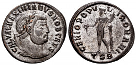 Maximianus. Follis. 300-301 AD. Thessalonica. (Ric-22b). Anv.: GAL VAL MAXIMIANVS NOB CAES. Laureate head right. Rev.: GENIO POPVLI ROMANI. Genius, nu...