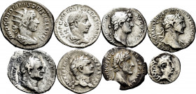 Lot of 8 coins from the Roman Empire. Denarius and Quinar of different emperors: Augustus, Vespasian, Domitian, Trajan, Hadrian, Antoninus Pius, Alexa...