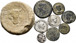 Lot of 9 Hispanic Roman and Roman Empire coins. Contains Great Lead from the series of mines (Rare), As Colonia Romula, Quinarius from the Cornelia Fa...