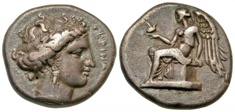 Bruttium, Terina. Ca. 400-350 B.C. AR nomos (20 mm, 7.45 g, 5 h). Head of the ny...