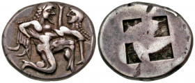 Islands off Thrace, Thasos. Thasos. Ca. 500-463 B.C. AR stater (22.0 mm, 8.81 g). Satyr advancing right, carrying protesting nymph / Quadripartite inc...