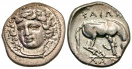 Thessaly, Larissa. Ca. 365-356 B.C. AR drachm (19 mm, 5.96 g, 12 h). Head of the nymph Larissa facing slightly left / ΛAPI-ΣAIΩN, horse standing right...