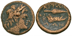 Aitolia, Aitolian League. 290-220 B.C. AE hemiobol (19.2 mm, 4.58 g, 3 h). Laureate head of Apollo right / AITΩ-ΛΩΝ, spearhead and jawbone of boar; gr...