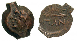 Tauric Chersonesos, Pantikapaion. Ca. 304-250 B.C. AE 20 (18.0 mm, 2.48 g, 11 h). Head of young Pan left / ΠAN, bow and arrow. MacDonald 116/1; SNG BM...