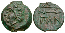Tauric Chersonesos, Pantikapaion. Civic issue. Fourth/third century B.C. AE 19 (14.1 mm, 1.76 g, 1 h). beardless head of young Pan left, wreathed in i...