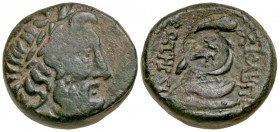 Mysia, Pergamon. Early-mid 2nd century B.C. AE 20 (20.4 mm, 12.19 g, 12 h). Laureate head of Asklepios right / ΑΣΚΛΗΠΙΟΥ ΣΩΤΗΡΟΣ, serpent coiled aroun...