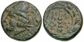 Troas, Birytis. Ca. 350-300 B.C. AE 11 (11.1 mm, 1.54 g, 2 h). Head of beardless Kabeiros wearing conical cap, star to each side of head / B - I / P -...
